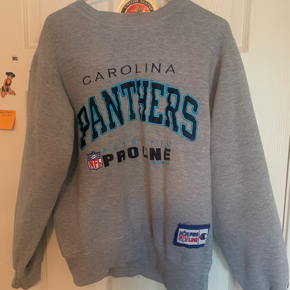 GREY CHAMPION CAROLINA PANTHERS SWEATER